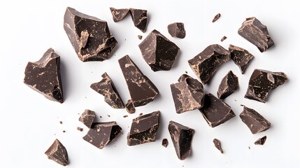 Pieces of dark chocolate isolated on white background.