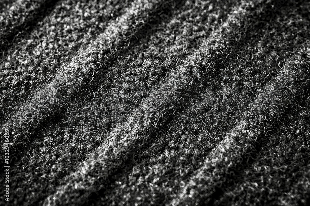 Poster close-up view of textured fabric in shades of gray on a dark background, highlighting fine fibers an