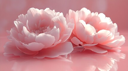 3D-rendered peonies with soft pink petals, gentle reflections on a glossy pink background, photorealistic style, high detail, Mother's Day gift concept