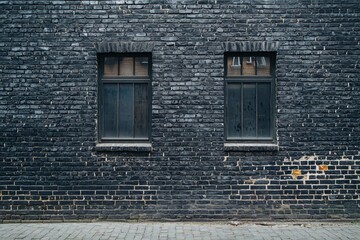 Fototapeta premium Wall with two dark windows against a textured black brick surface in an urban setting