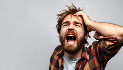 Portrait of young shaggy man with hangover is yawning looking at camera on grey background. . Headache, drug and alcoholism addiction, human bad habits. Morning after a great party isolated with whi