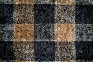 Close-up of a patterned wool fabric showcasing a classic plaid design in warm tones and subtle texture