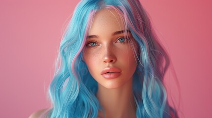 Unreal vibrant portrait of girl with pink blue hair, creating playful ethereal look. Perfect for modern fashion beauty campaigns, emphasizing bold colors youthfulness.