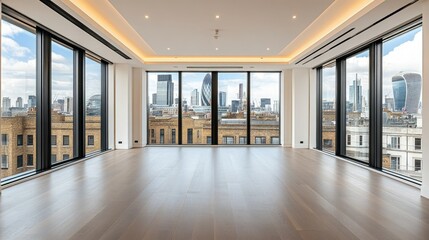 Fototapeta premium Modern interior with city skyline view