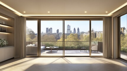 Fototapeta premium Modern Living Room with City View and Balcony