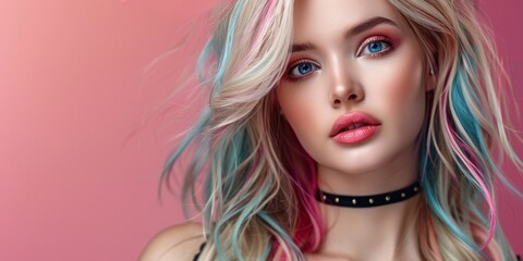 Fototapeta premium Unreal vibrant portrait of girl with pink blue hair, creating playful ethereal look. Perfect for modern fashion beauty campaigns, emphasizing bold colors youthfulness.