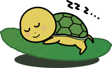 きゅうりの上で寝る可愛い亀のキャラクターイラスト