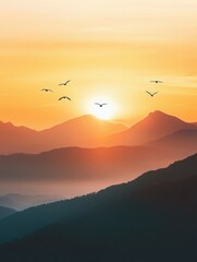 Obraz premium Sunset Serenade: High-Def Photography of Mountains and Skies with Soaring Birds