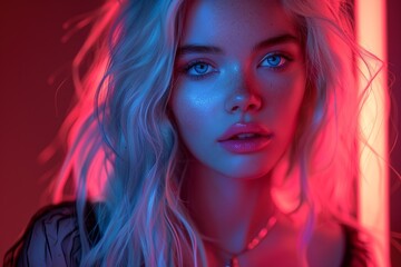 Unreal vibrant portrait of girl with pink blue hair, creating playful ethereal look. Perfect for modern fashion beauty campaigns, emphasizing bold colors youthfulness.