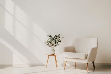 A white chair is sitting in front of a white wall