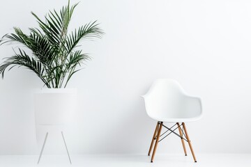 A white chair is sitting in front of a white wall