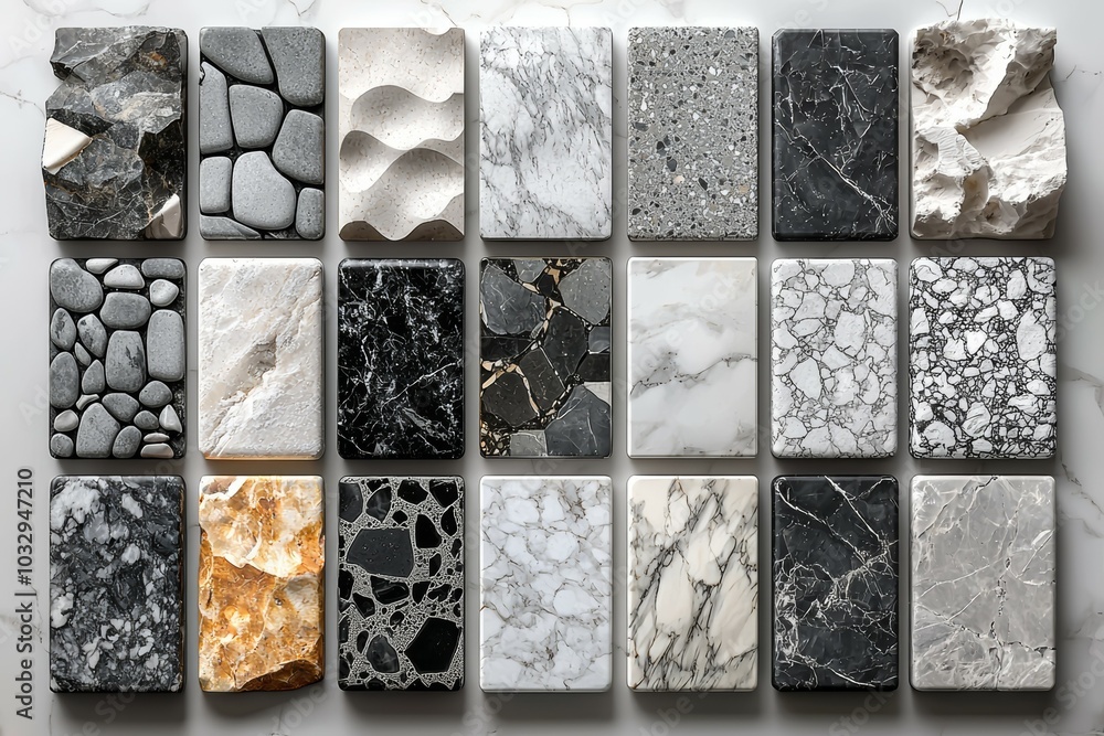 Poster a variety of marble and stone samples arranged neatly on a surface showcasing different textures and