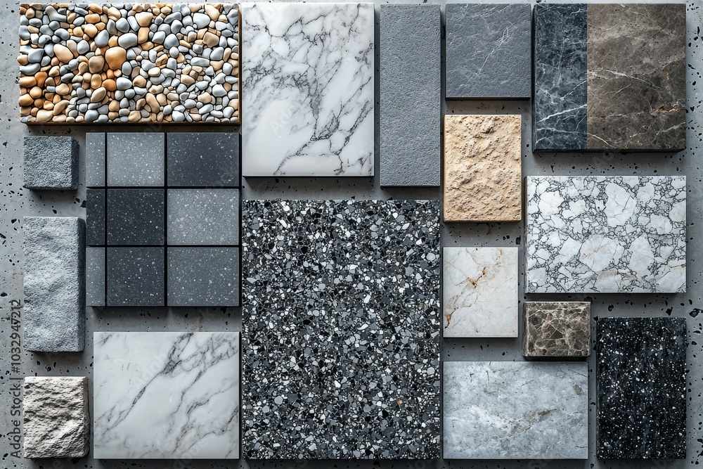 Poster a variety of decorative stone and tile samples arranged in an organized pattern on a solid backgroun