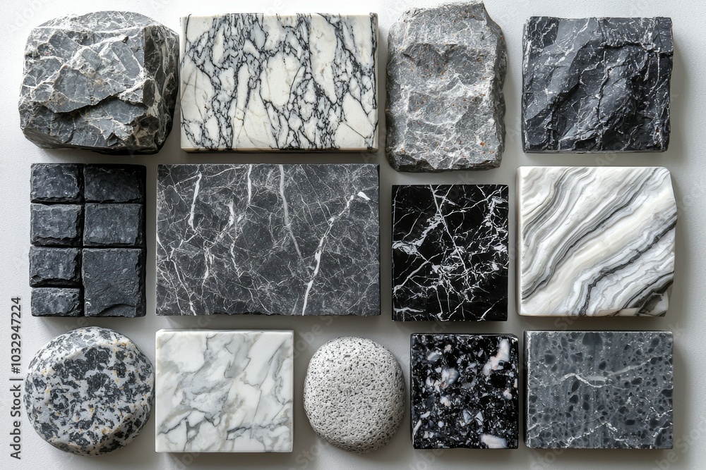 Poster various types of natural stone samples arranged in an artistic layout on a neutral surface