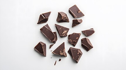 Pieces of dark chocolate isolated on white background.