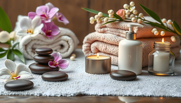 Aromatherapy, spa, beauty treatment and wellness background with massage pebbles, orchid flowers, towels, cosmetic products and burning candles isolated with white highlights, png