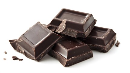 Pieces of dark chocolate isolated on white background.