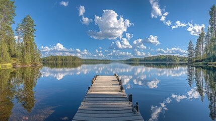 Obraz premium Calm Lake with Pier and Perfect Sky Reflection