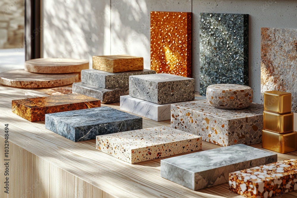 Poster a table with many different colored blocks of stone