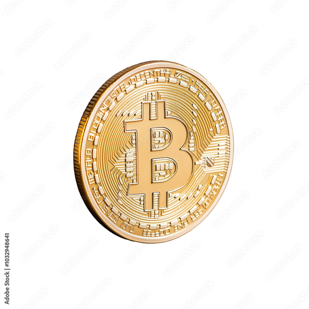 Poster golden bitcoin coin with digital circuit on transparent background