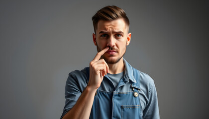 Fototapeta premium Portrait of impolite brunette man standing putting finger into his nose, fooling around, bad habits, disrespectful behavior, wearing denim overalls. Indoor studio shot isolated on gray background is