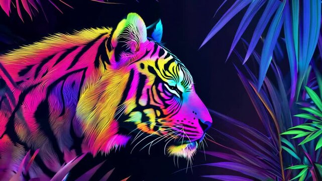 Neon Tiger in Tropical Paradise:  A majestic tiger, rendered in vibrant neon hues, emerges from a jungle of neon leaves. The bold colors and intricate details create a striking visual.