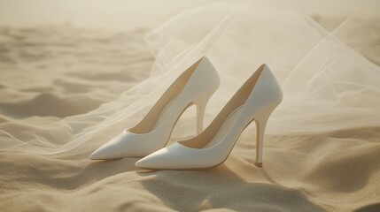 Elegant White Heels on Sandy Beach with Soft Veil