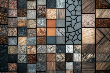 A mosaic of different colored tiles and stones, including wood and stone