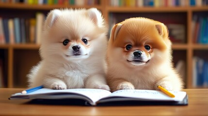 Adorable Pomeranian Puppies with Open Book