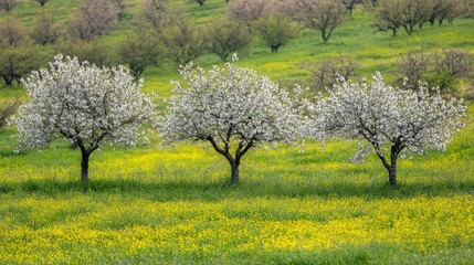 Fototapeta premium Blossom Trees in Lush Green Meadow Scene
