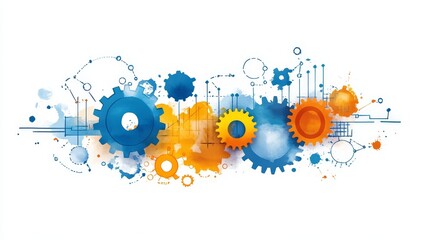 Watercolor Illustration of Gears and Teamwork