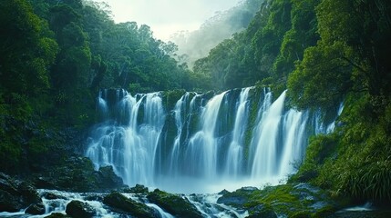 Fototapeta premium Serene Waterfall in Lush Green Landscape