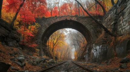 Naklejka premium Autumn Archway Over a Quiet Railway Track