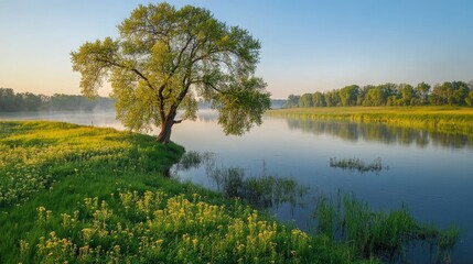 Fototapeta premium Tranquil River Scene with Lush Greenery and Sunrise