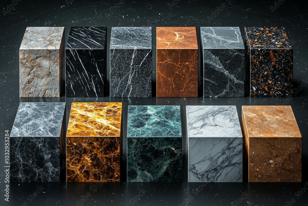 Poster a row of twelve different colored cubes made of marble
