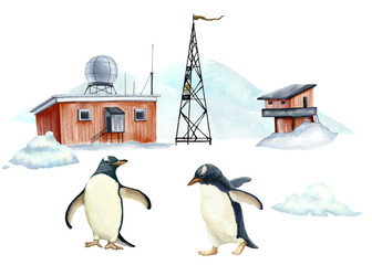 Two young penguins on the background of a weather station. illustration can be used to design children books, advertise tourist trips to Antarctica, educational literature, textbooks and encyclopedias