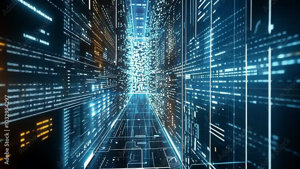 Poster A vibrant corridor filled with glowing blue and orange patterns illustrates a high-tech environment, evoking a sense of speed and digital transformation in an abstract space.
