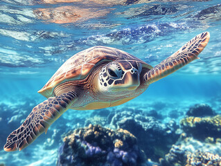 Obraz premium Serene Turtle Underwater Captured in Realistic Pastel Tones