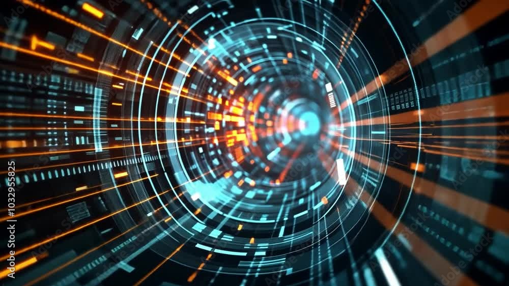 Poster A vibrant digital tunnel displays glowing lines and bright colors swirling in a mesmerizing motion, evoking a sense of speed and advanced technology.
