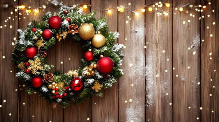 A festive Christmas wreath adorned with red and gold ornaments, set against a wooden background.