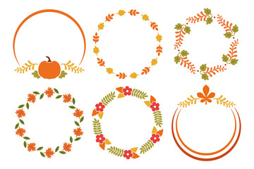 Set of round simple autumn frames with leaves in flat style. Circle shape vector design. Thanksgiving border template. Fall decorative elements for greeting card, invitation, banner, poster