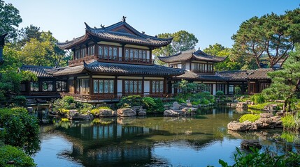 Naklejka premium Chinese-style building, close-up view of the house, with a small river in front of house and blue sky.
