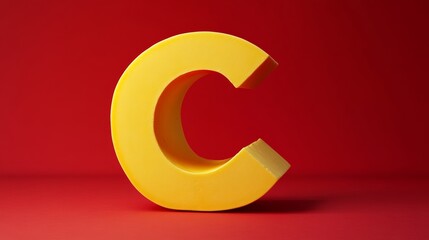 Fototapeta premium Yellow letter c on red background, minimalist design. Typography and color concept
