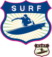 surf grunge shield with surfer jumping