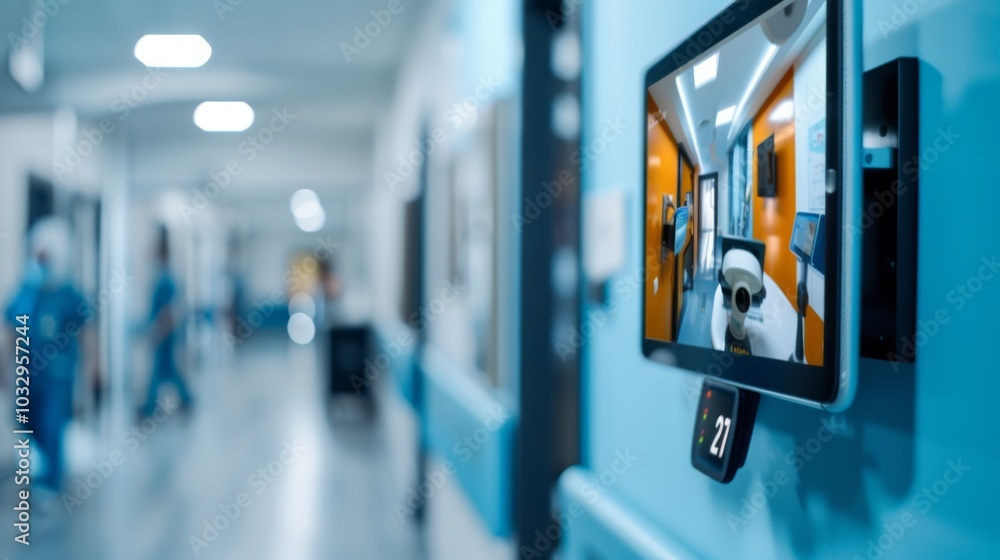 Poster enhanced security monitoring: tablet displaying live camera feed in office environment with blurred 
