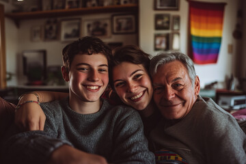 Family bonding in a cozy living room with laughter and smiles captured in the warm glow of midday sunlight