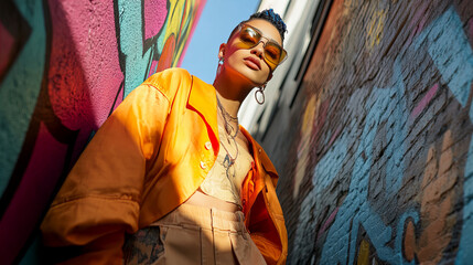 Obraz premium A woman poses confidently in a vibrant urban alley adorned with colorful street art during bright daylight hours