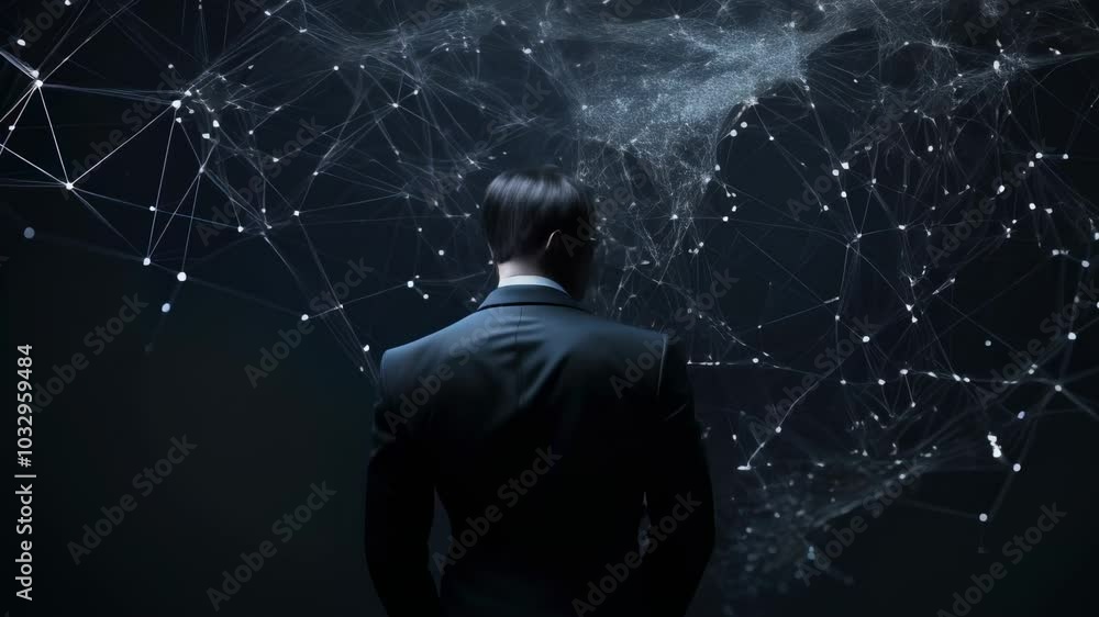 Poster Businessman is looking at a futuristic network data connection map, visualizing big data. The concept of digital technology
