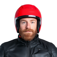 Fototapeta premium Confident man in red helmet and leather jacket on transparent background
