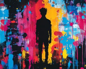 A bold silhouette of a man against a backdrop of vibrant paint splatters, symbolizing the intricate relationship between mental health and creative expression